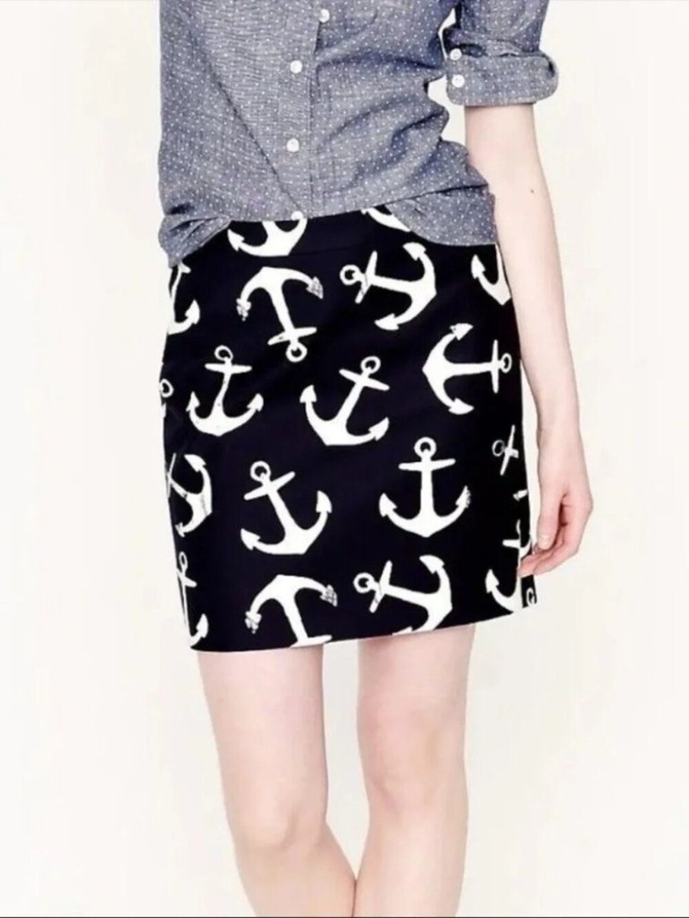 J. CREW SZ 10 Dizzy Anchors Postage Stamp Mini Skirt Nautical Stretch Navy White